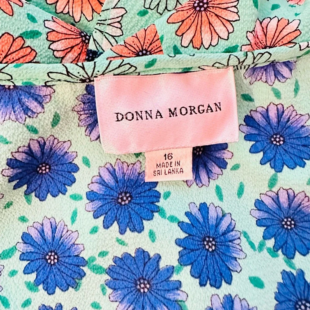 DONNA MORGAN ~ Teal Orange Blue Ruffled Floral High Low Wrap Dress size 16